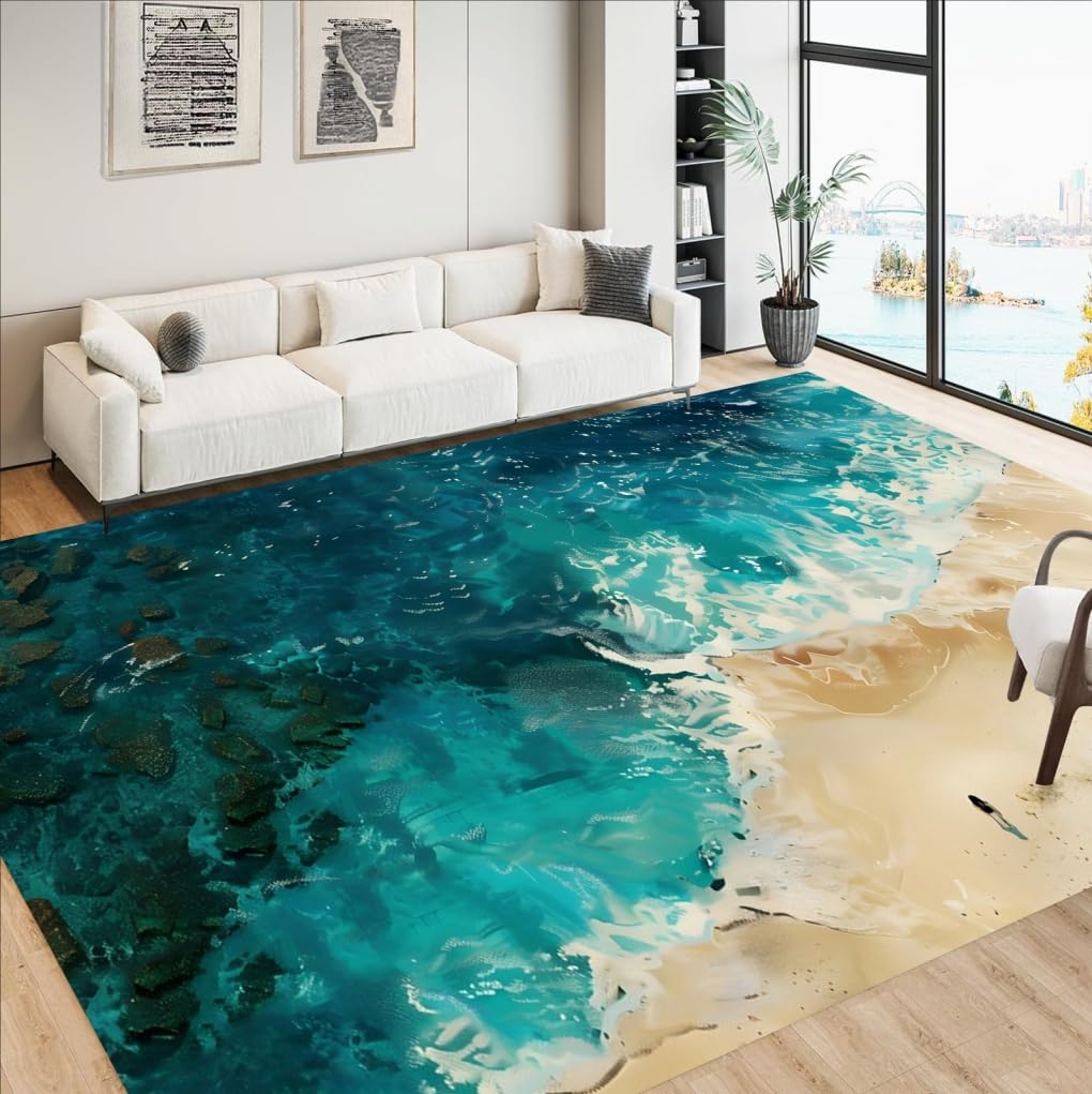 Amazon.com: Modern Ocean Beach Theme Area Rug 10x14 Teal Blue Sea